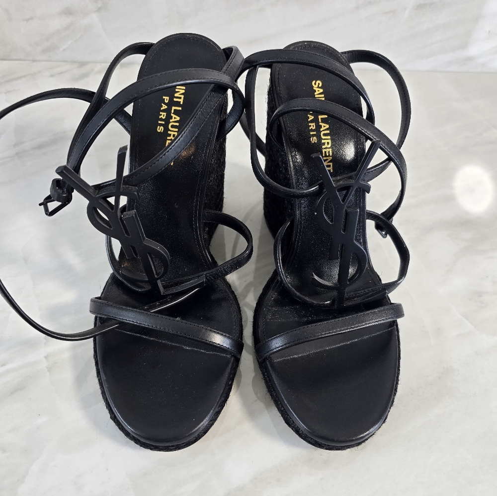 Yves Saint Laurent Black Strappy Wedges